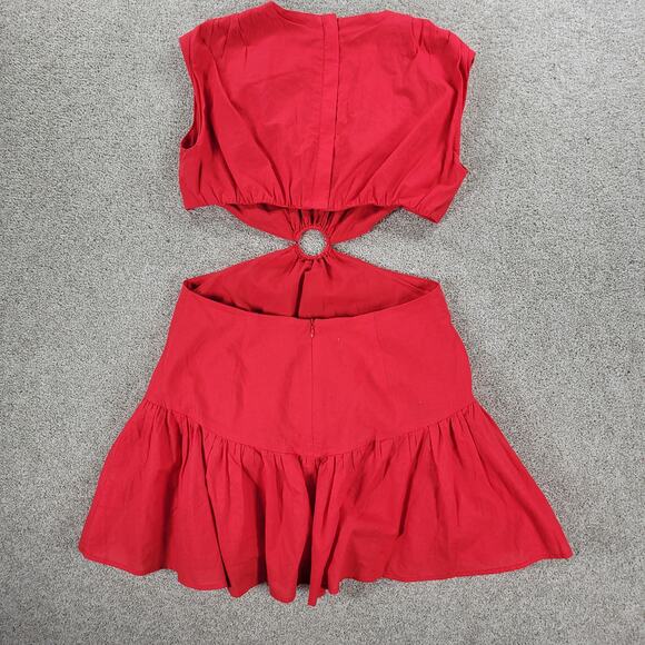 White Fox Cutout Ring Dress Womens L Red Sleeveless Mini Fit & Flare Ruffle Hem - Picture 3 of 16